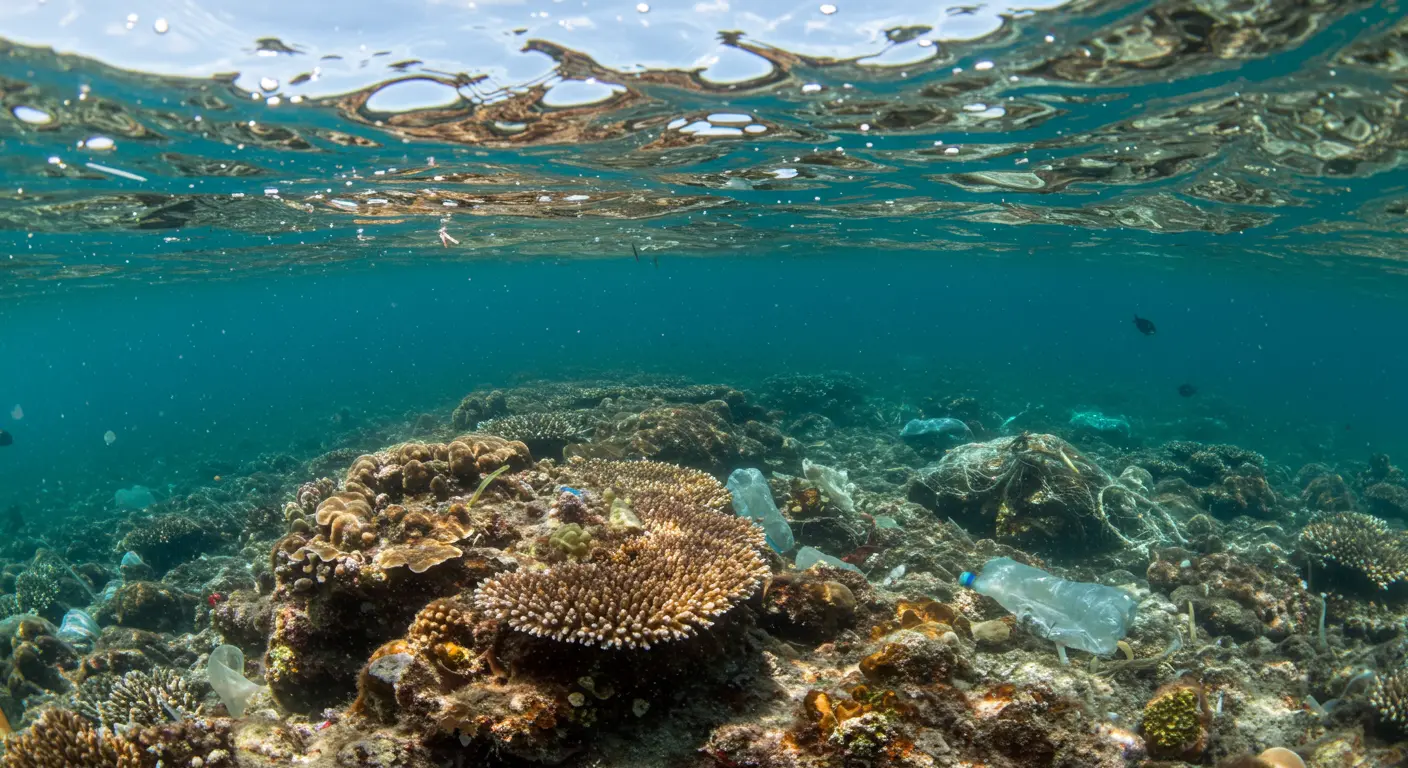 Plastic waste polluting an ocean, representing environmental threats.