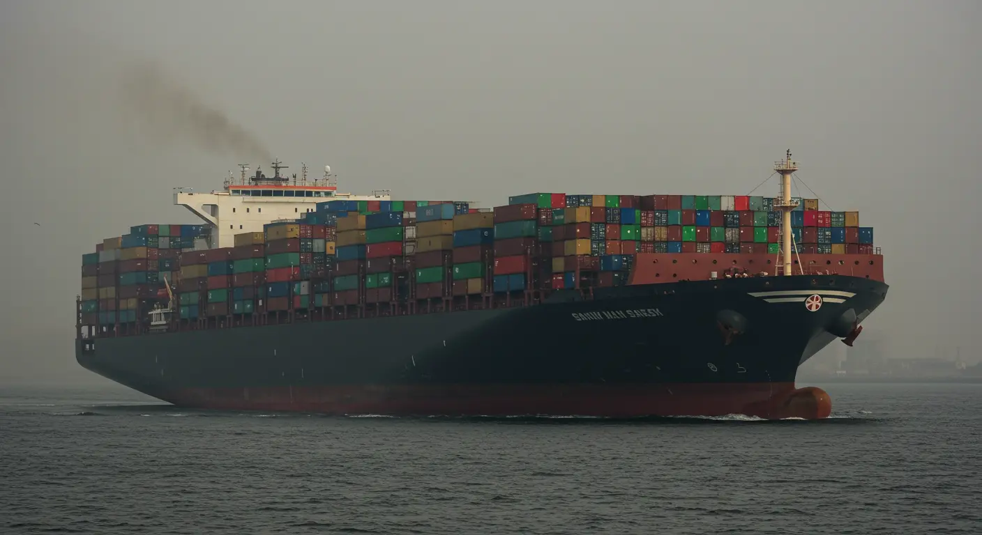 Large container ship on the ocean, representing modern maritime challenges.
